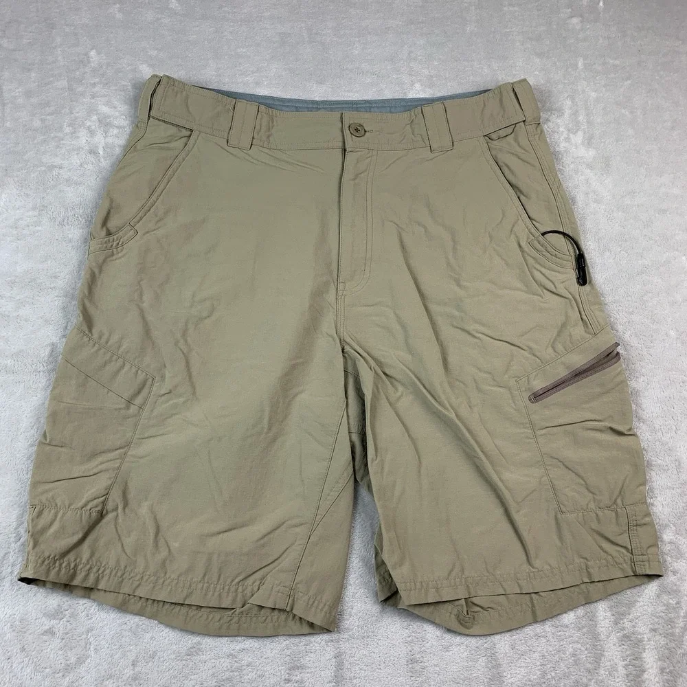 Simms Fishing Shorts Large Khaki Lightweight Flex Waist Outdoor Busted Zippers*